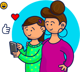 illustration of a happy mother and daughter using a cell phone